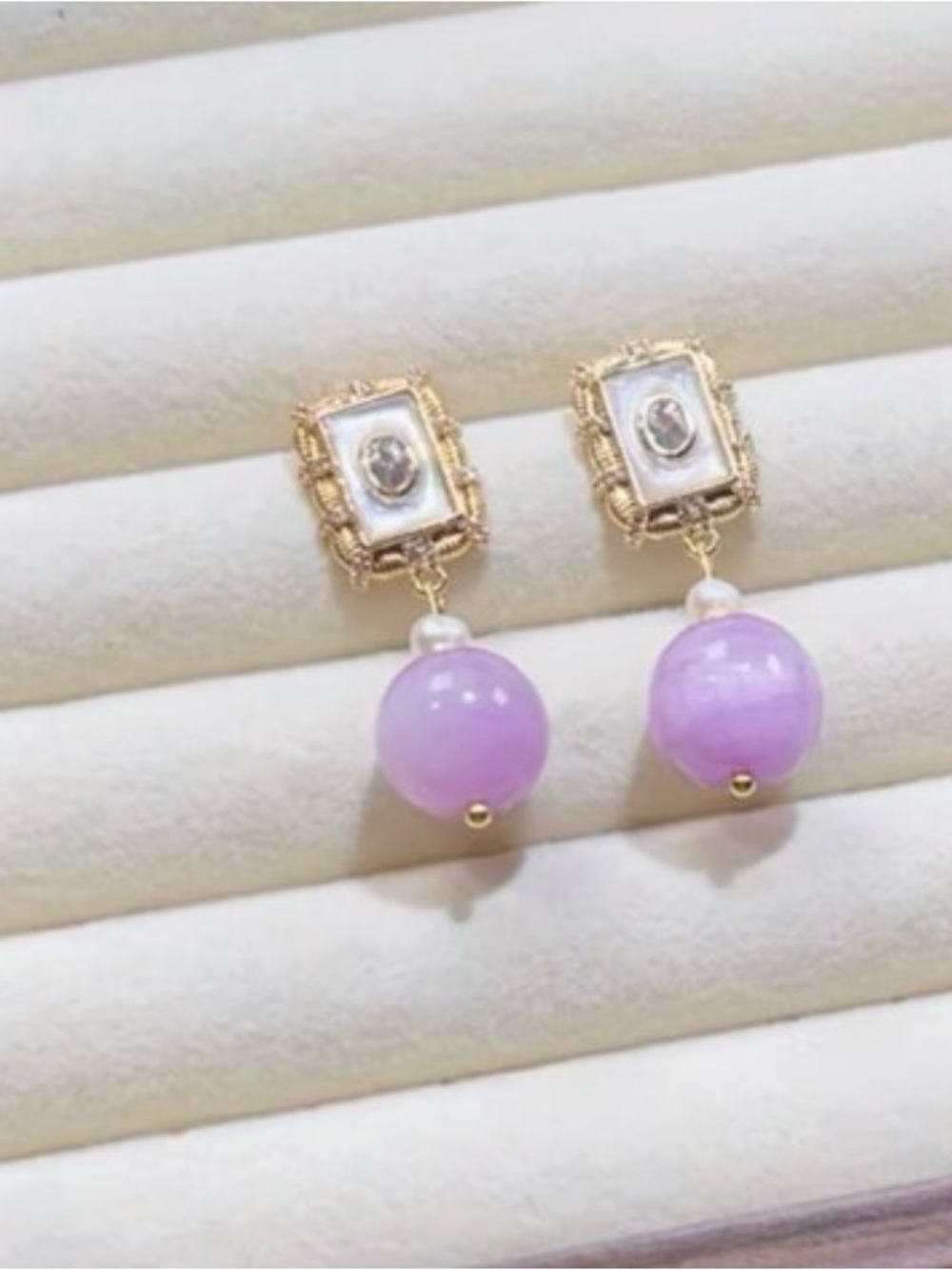 Gold Tone Kunzite Bead Drop Earrings with Mother-of-Pearl Panel